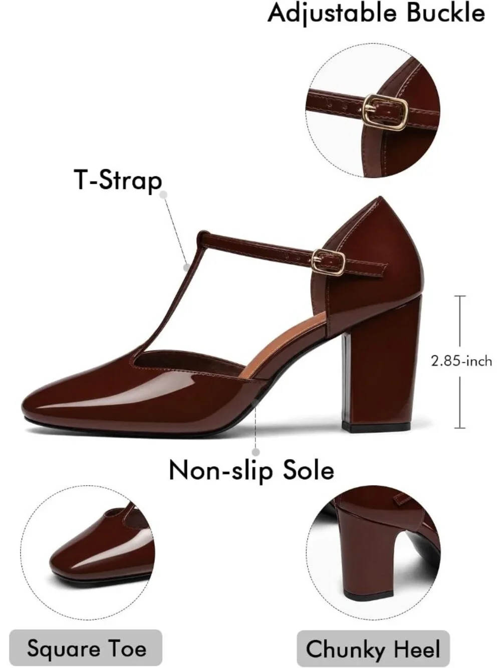 Women's Coffee Mary Jane Chunky Heel Square Closed Toe Pumps Ankle Strap Shoes